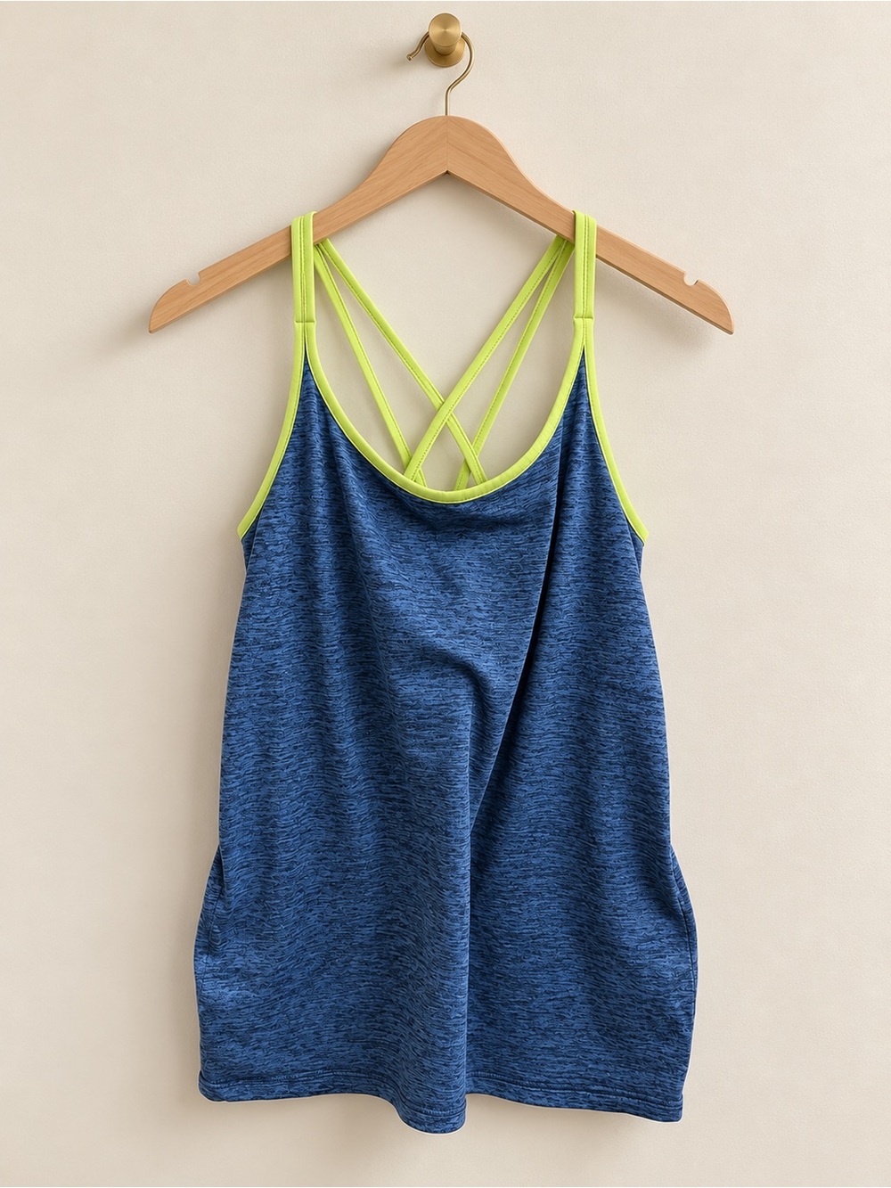 Aerie XXL Blue Heather Strappy Back Athletic Tank Top Neon Yellow Trim